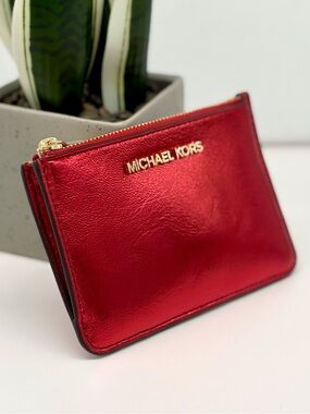 Michael Kors Metallic Crimson Red Zip Coin Pouch Key Ring Wallet